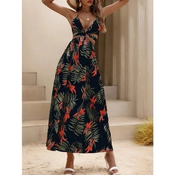 Black Tropical print Maxi dress with thigh slit - Picture 4 of 7